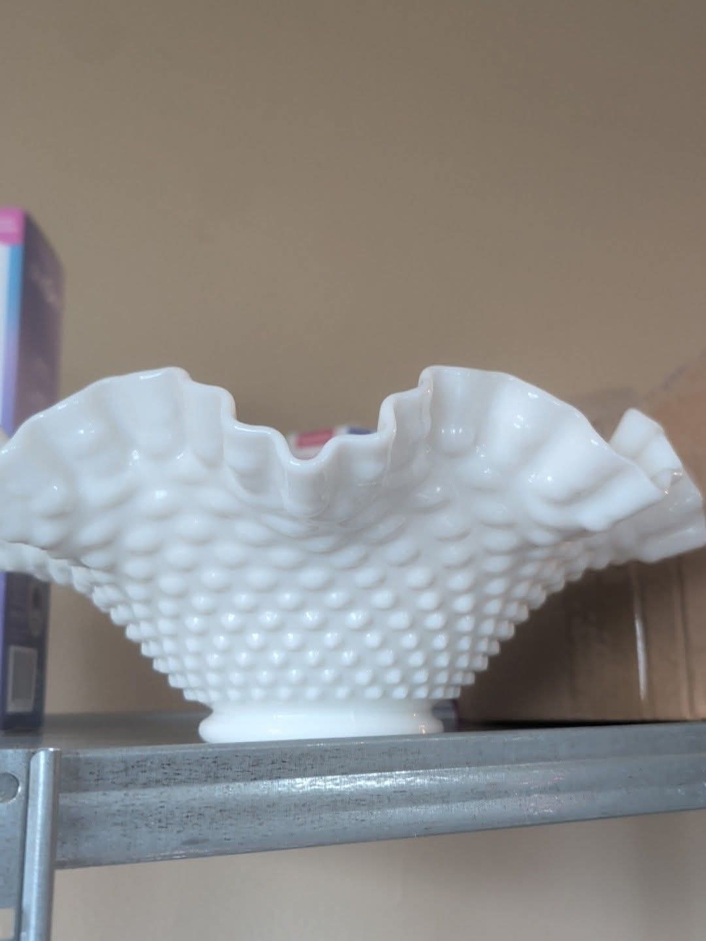 White Vintage Fenton Hobnail Milk Glass Ruffled Bowl